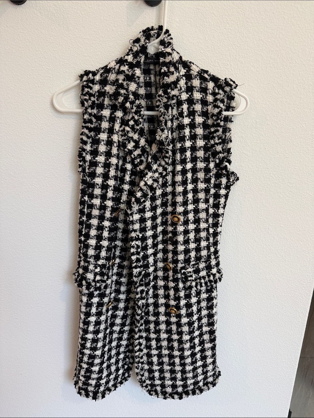 Sleeveless Tweed Houndstooth Long Vest Dress - Black & White